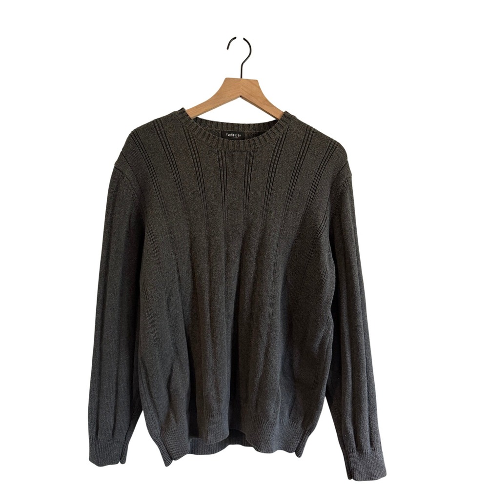Van Heusen Mens Large Charcoal Gray Ribbed 100% Cotton Crewneck Pullover Sweater